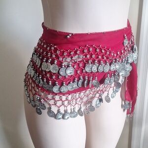 Chiffon 128 Silver Coins Belly Dance Costume Hip Skirt Scarf Wrap Belt And DVD